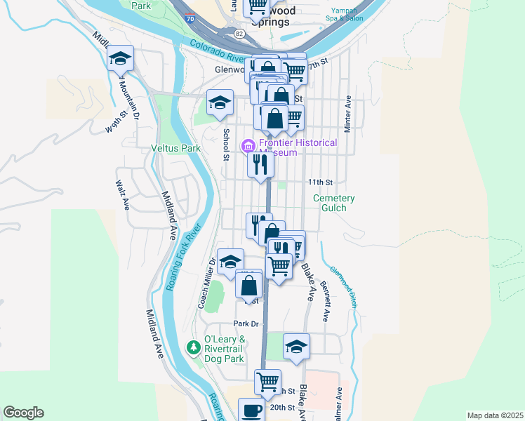 map of restaurants, bars, coffee shops, grocery stores, and more near 1203 Grand Avenue in Glenwood Springs