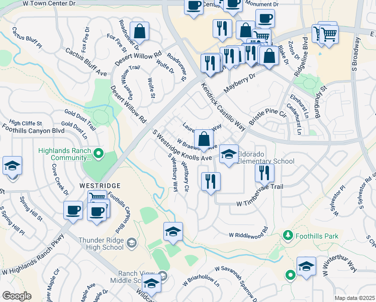 map of restaurants, bars, coffee shops, grocery stores, and more near 1380 Braewood Avenue in Littleton