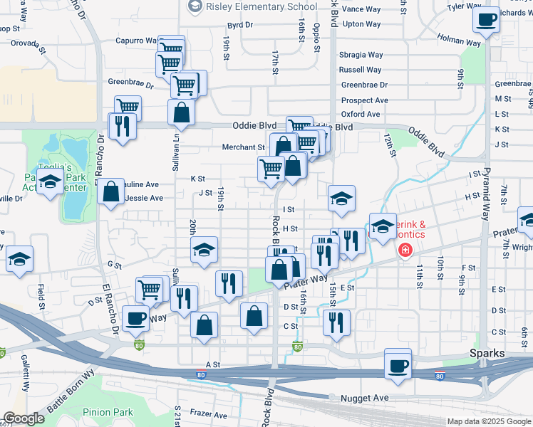 map of restaurants, bars, coffee shops, grocery stores, and more near 1729 I Street in Sparks