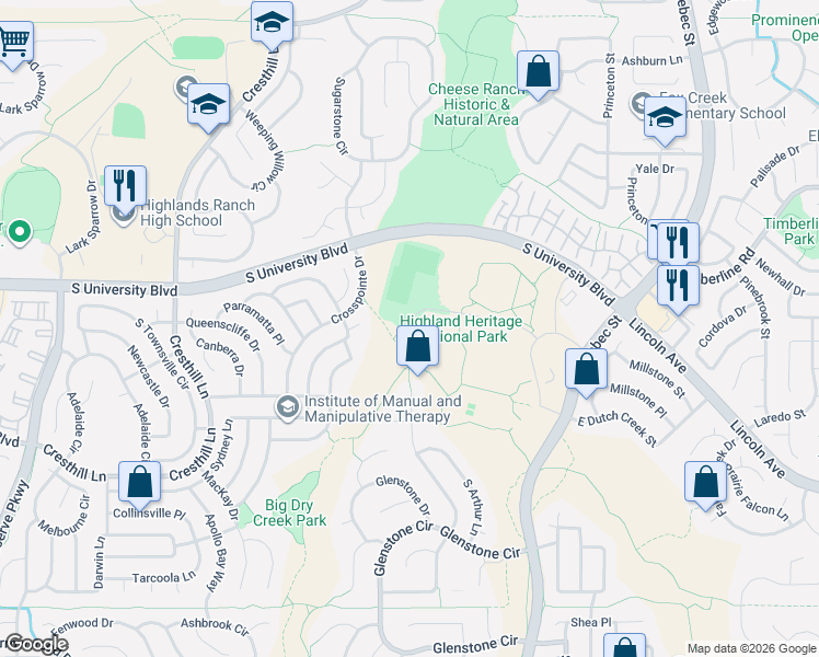 map of restaurants, bars, coffee shops, grocery stores, and more near in Littleton