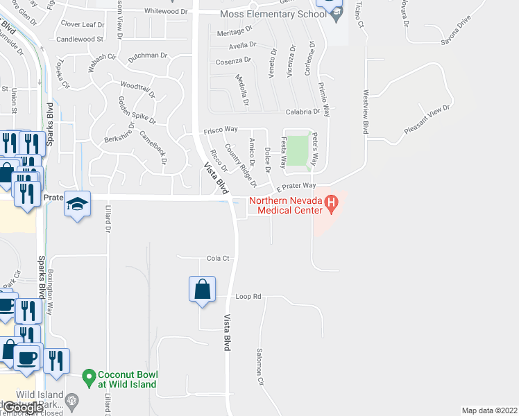 map of restaurants, bars, coffee shops, grocery stores, and more near 2121 East Prater Way in Sparks