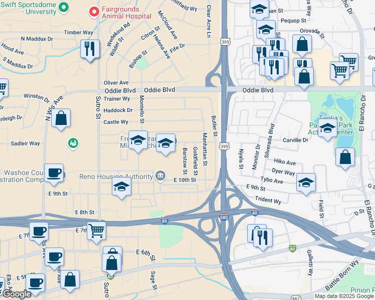 map of restaurants, bars, coffee shops, grocery stores, and more near 1270 Barstow Street in Reno