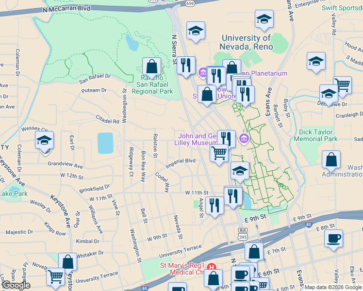 map of restaurants, bars, coffee shops, grocery stores, and more near 1330 Buena Vista Avenue in Reno