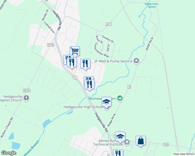map of restaurants, bars, coffee shops, grocery stores, and more near 169 Pacific Boulevard in Hedgesville