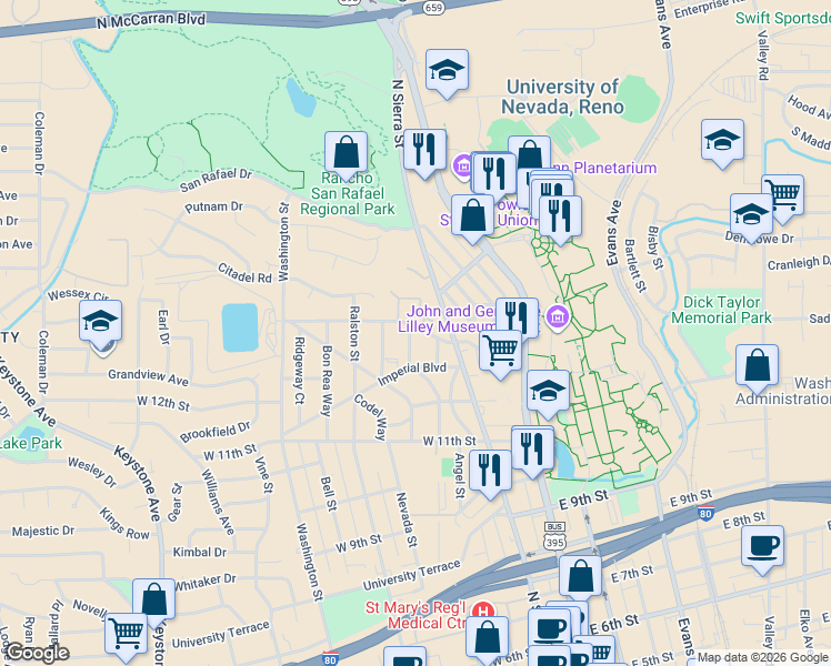map of restaurants, bars, coffee shops, grocery stores, and more near 1330 Buena Vista Avenue in Reno
