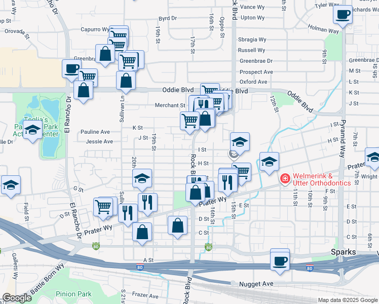map of restaurants, bars, coffee shops, grocery stores, and more near 945 Rock Boulevard in Sparks