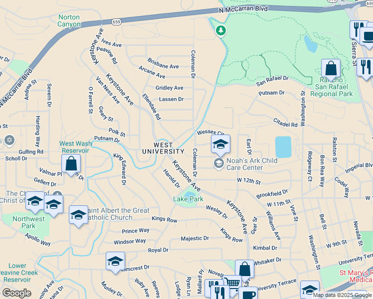 map of restaurants, bars, coffee shops, grocery stores, and more near 1905 Bonneville Avenue in Reno