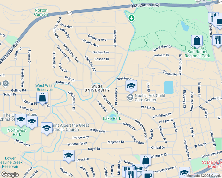 map of restaurants, bars, coffee shops, grocery stores, and more near 1905 Bonneville Avenue in Reno