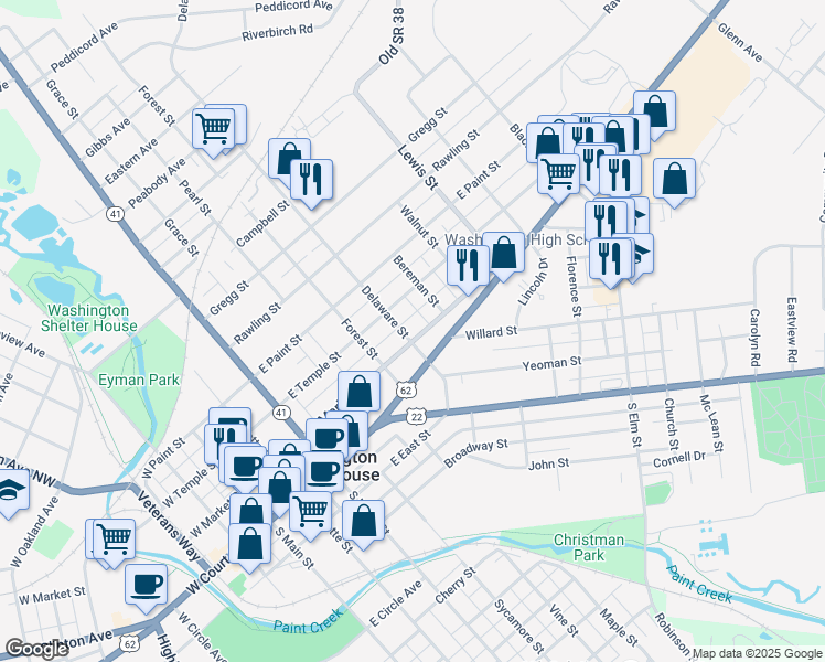 map of restaurants, bars, coffee shops, grocery stores, and more near 708 East Market Street in Washington Court House