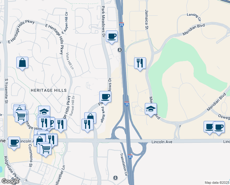 map of restaurants, bars, coffee shops, grocery stores, and more near 10345 Park Meadows Drive in Lone Tree
