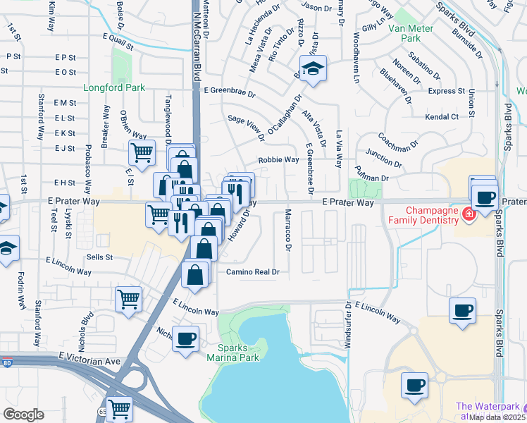 map of restaurants, bars, coffee shops, grocery stores, and more near 592 Spring Meadows Drive in Sparks