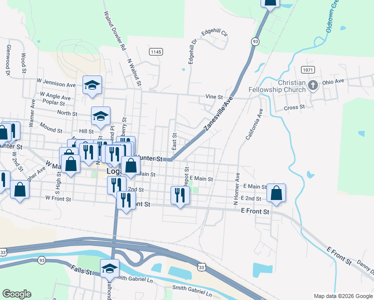 map of restaurants, bars, coffee shops, grocery stores, and more near 188 Zanesville Avenue in Logan