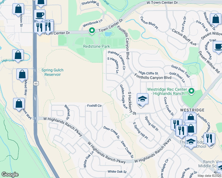 map of restaurants, bars, coffee shops, grocery stores, and more near 9555 Golden Eagle Pl in Littleton