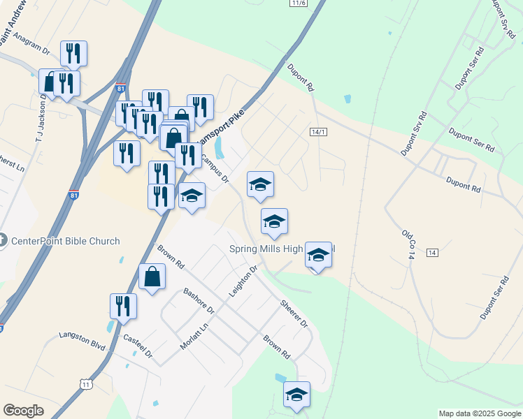 map of restaurants, bars, coffee shops, grocery stores, and more near 255 Campus Drive in Martinsburg