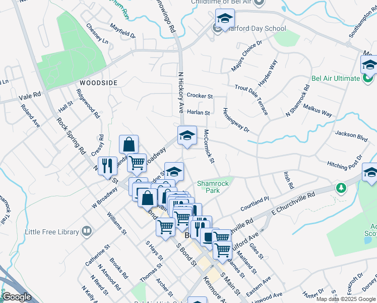 map of restaurants, bars, coffee shops, grocery stores, and more near 145 North Hickory Avenue in Bel Air