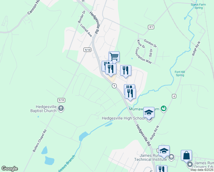 map of restaurants, bars, coffee shops, grocery stores, and more near 3967 Hedgesville Road in Hedgesville
