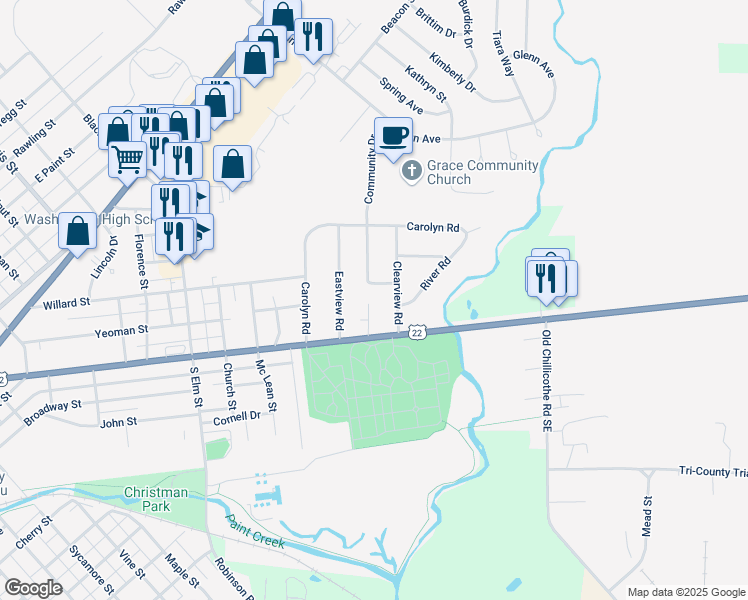map of restaurants, bars, coffee shops, grocery stores, and more near 138 Laurel Road in Washington Court House