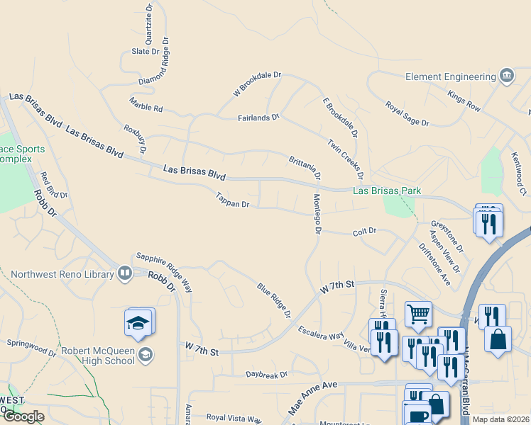 map of restaurants, bars, coffee shops, grocery stores, and more near 5544 Tappan Drive in Reno