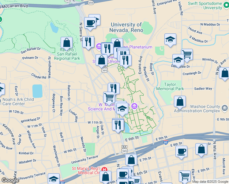 map of restaurants, bars, coffee shops, grocery stores, and more near 1345 North Virginia Street in Reno