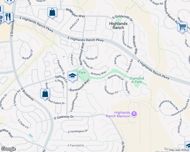 map of restaurants, bars, coffee shops, grocery stores, and more near 976 Brittany Way in Littleton