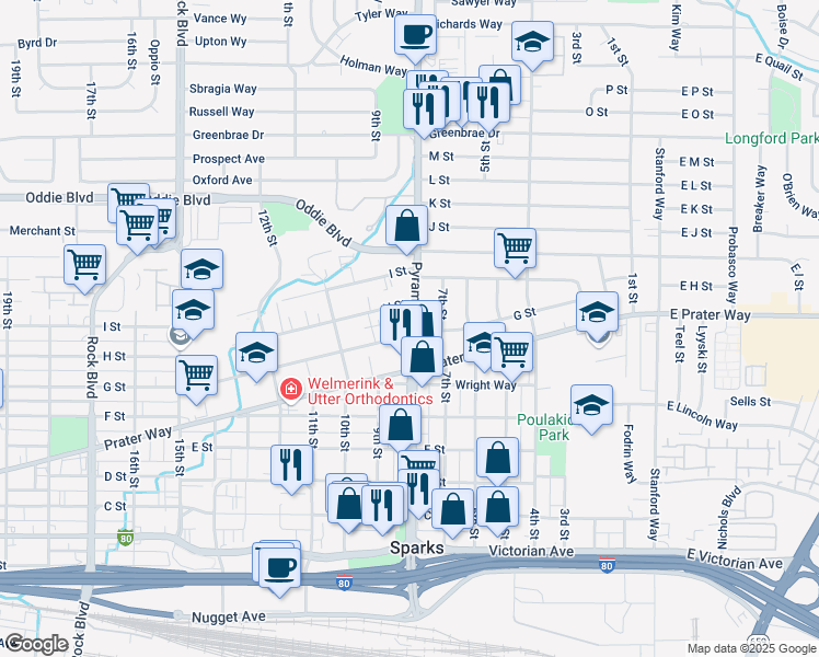 map of restaurants, bars, coffee shops, grocery stores, and more near 910 Nevada 445 in Sparks