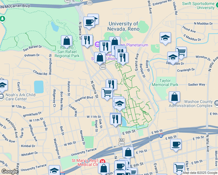 map of restaurants, bars, coffee shops, grocery stores, and more near 1341 Hillside Drive in Reno