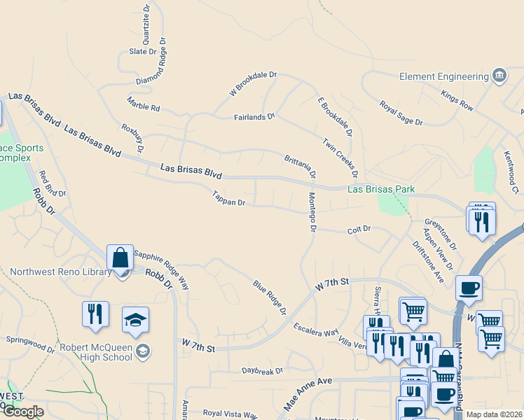 map of restaurants, bars, coffee shops, grocery stores, and more near 5544 Tappan Drive in Reno