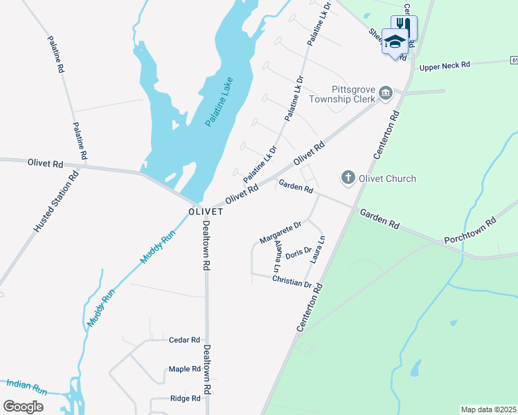 map of restaurants, bars, coffee shops, grocery stores, and more near 680 Olivet Road in Pittsgrove
