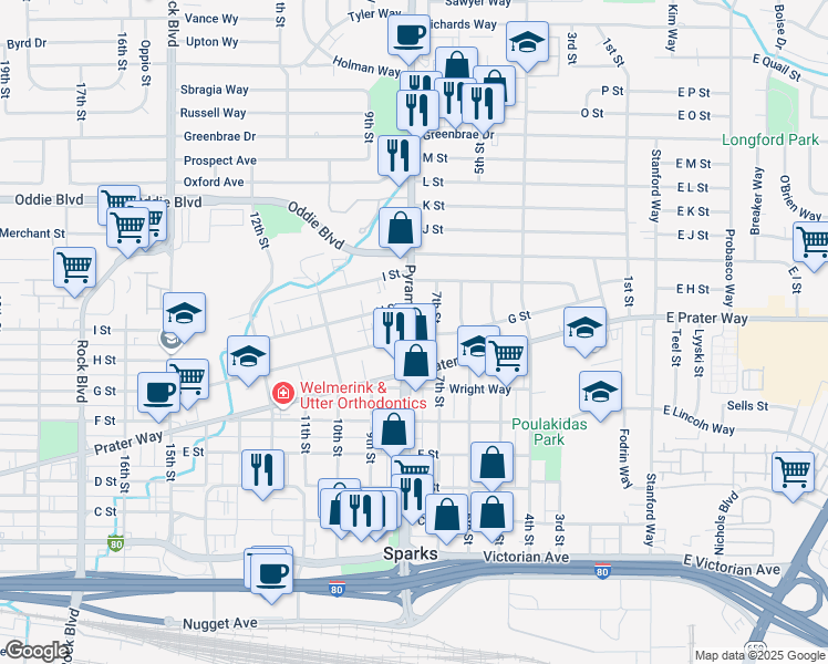 map of restaurants, bars, coffee shops, grocery stores, and more near 910 Nevada 445 in Sparks