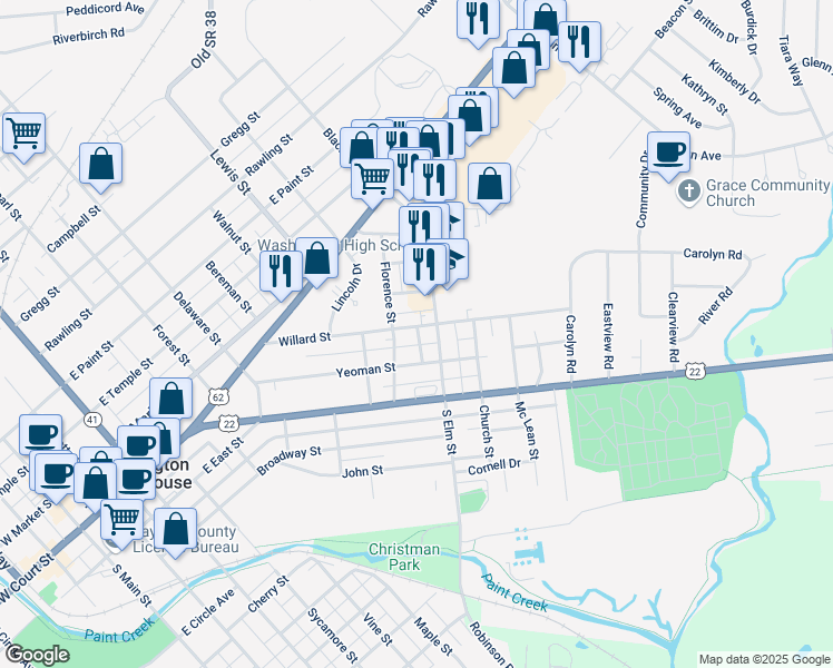 map of restaurants, bars, coffee shops, grocery stores, and more near 1017 Willard Street in Washington Court House