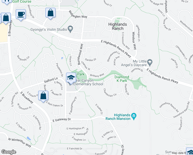 map of restaurants, bars, coffee shops, grocery stores, and more near 976 Brittany Way in Littleton