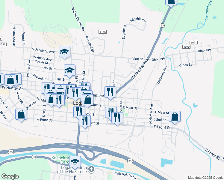 map of restaurants, bars, coffee shops, grocery stores, and more near 159 East Street in Logan