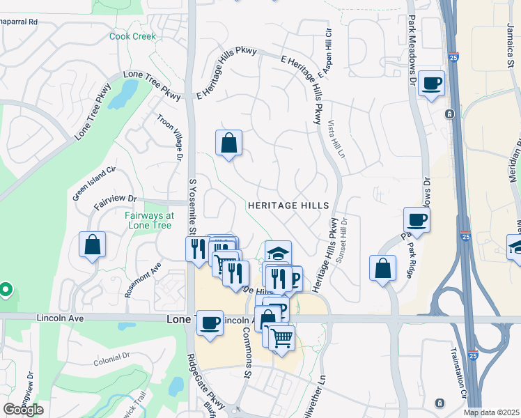 map of restaurants, bars, coffee shops, grocery stores, and more near 10057 South Shadow Hill Drive in Lone Tree