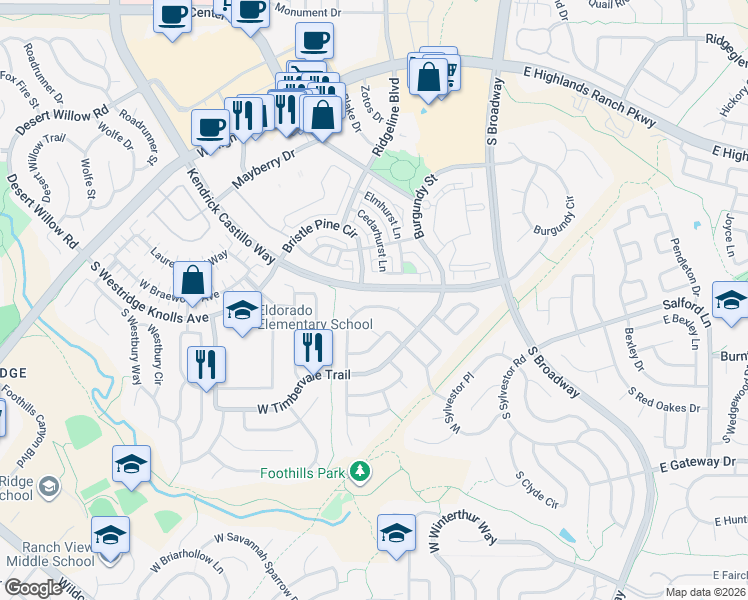 map of restaurants, bars, coffee shops, grocery stores, and more near 9747 Burberry Way in Littleton