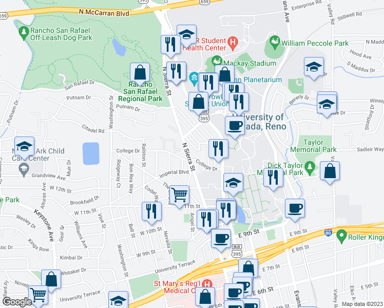 map of restaurants, bars, coffee shops, grocery stores, and more near 165 College Drive in Reno