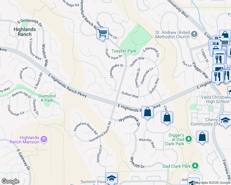 map of restaurants, bars, coffee shops, grocery stores, and more near 9550 Chesapeake Street in Highlands Ranch