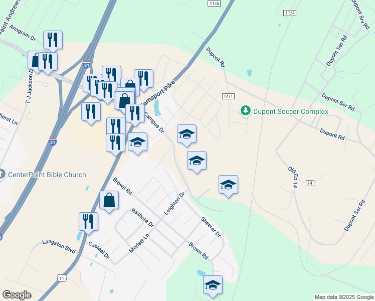 map of restaurants, bars, coffee shops, grocery stores, and more near 255 Campus Drive in Martinsburg