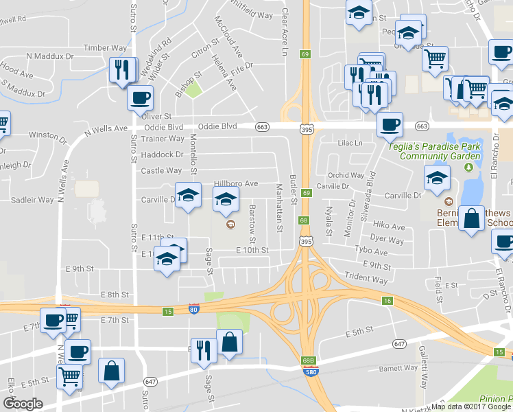 map of restaurants, bars, coffee shops, grocery stores, and more near 1270 Barstow Street in Reno