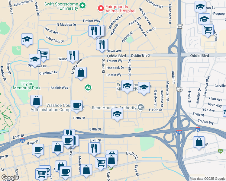 map of restaurants, bars, coffee shops, grocery stores, and more near 1244 Carville Drive in Reno