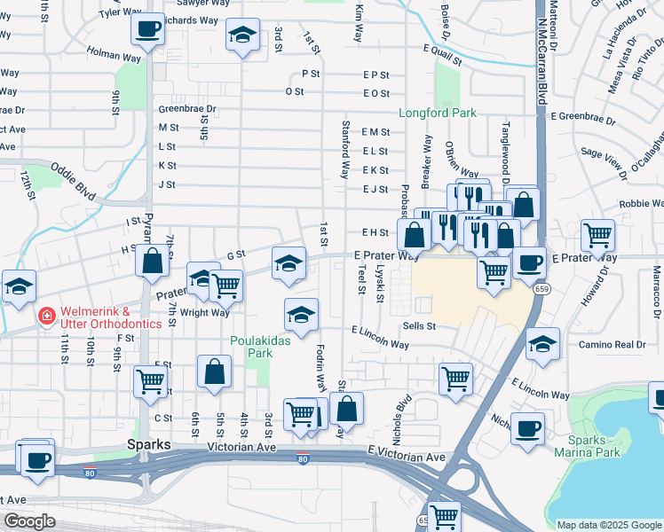 map of restaurants, bars, coffee shops, grocery stores, and more near 737 Stanford Way in Sparks
