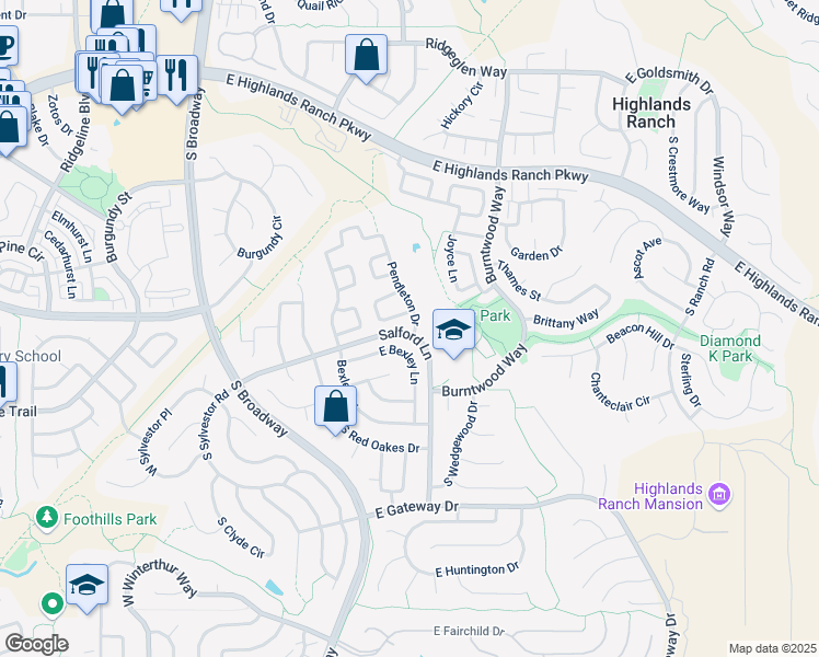 map of restaurants, bars, coffee shops, grocery stores, and more near 9647 Pendleton Drive in Littleton