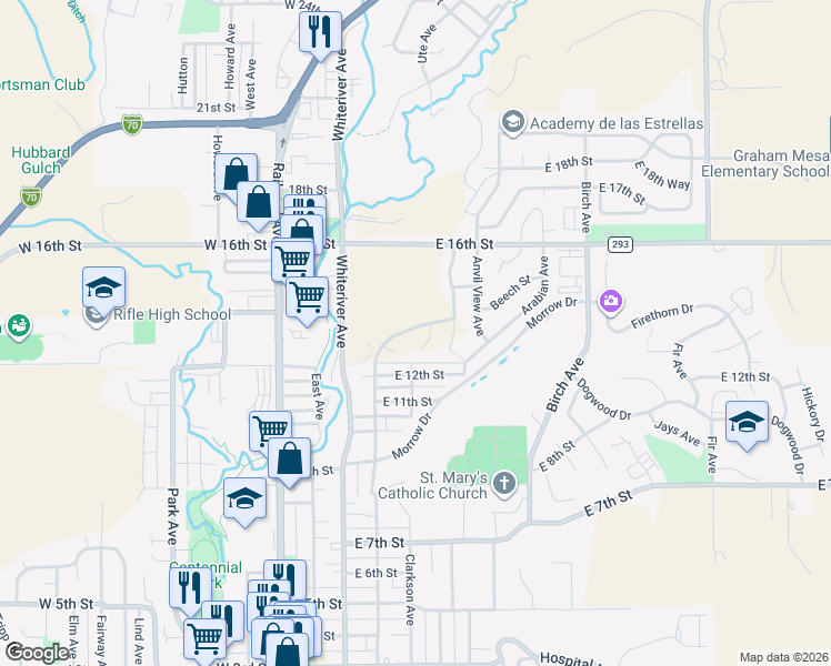 map of restaurants, bars, coffee shops, grocery stores, and more near 1384 Munro Ave in Rifle