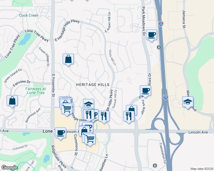map of restaurants, bars, coffee shops, grocery stores, and more near 9644 Silent Hills Lane in Lone Tree