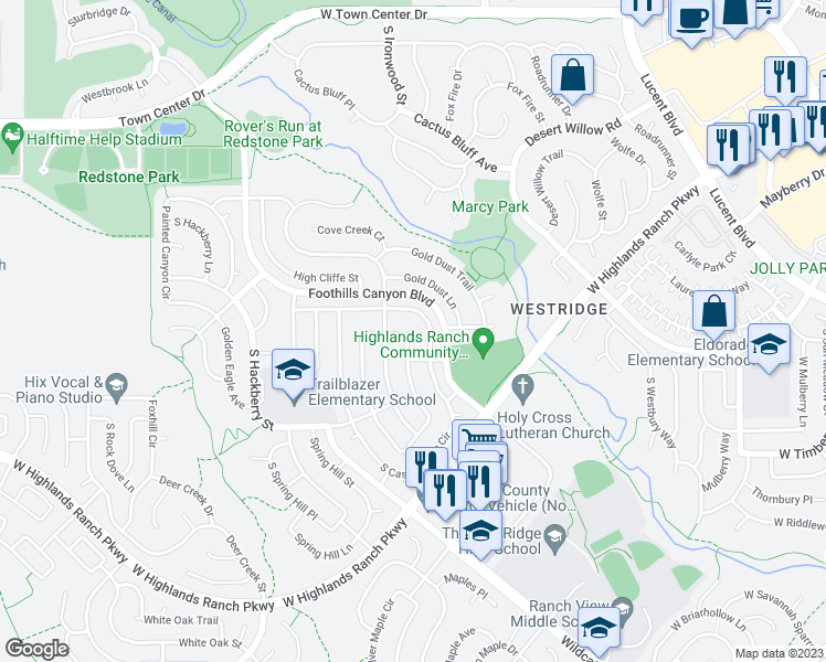 map of restaurants, bars, coffee shops, grocery stores, and more near 9622 Whitecliff Place in Littleton