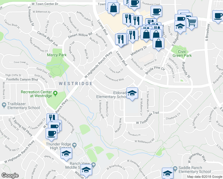 map of restaurants, bars, coffee shops, grocery stores, and more near 1386 Braewood Avenue in Highlands Ranch