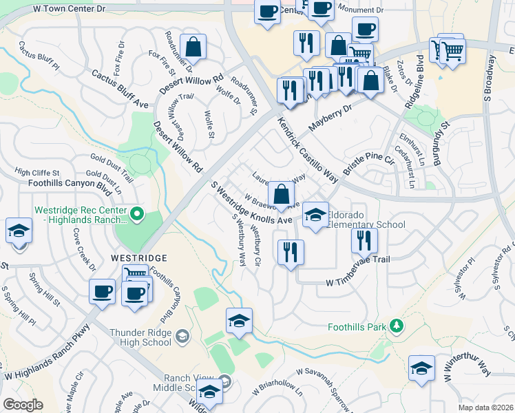 map of restaurants, bars, coffee shops, grocery stores, and more near 1390 Braewood Avenue in Littleton