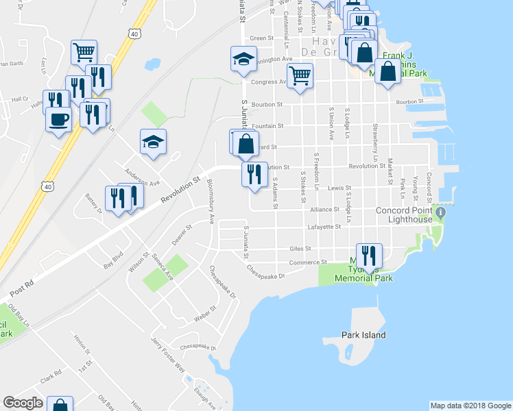 map of restaurants, bars, coffee shops, grocery stores, and more near 711 Alliance Street in Havre de Grace