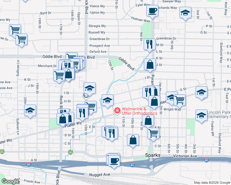 map of restaurants, bars, coffee shops, grocery stores, and more near 908 12th Street in Sparks