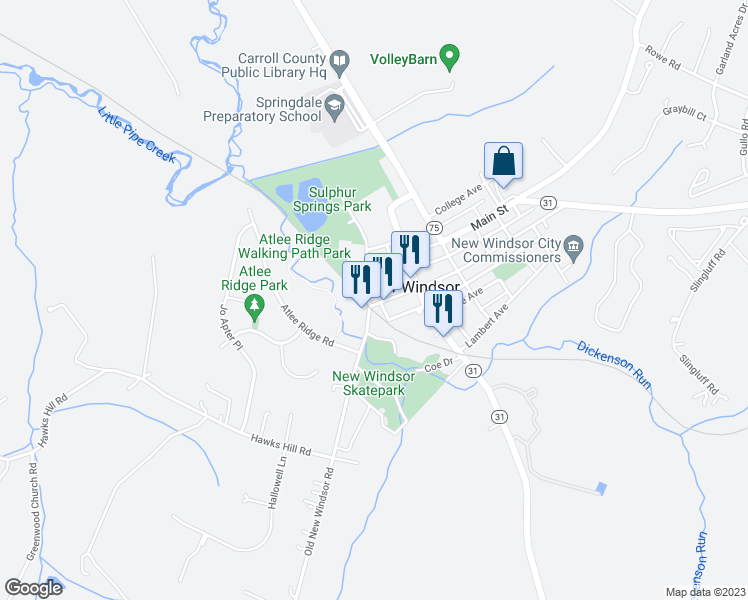 map of restaurants, bars, coffee shops, grocery stores, and more near 105 Main Street in New Windsor