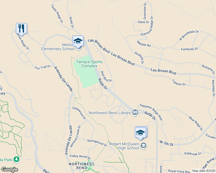 map of restaurants, bars, coffee shops, grocery stores, and more near 6495 Yellow Bird Drive in Reno